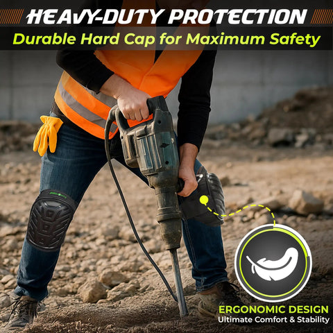 Worker using drill wearing Heavy Duty Gel Knee Pads For Work With Foam Cushioning All Day Comfort Adjustable Comfortable Fit for pros