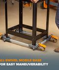 Heavy Duty All Swivel Mobile Base For 650 Lb Capacity used with workshop equipment showing four swivel casters and foot locks