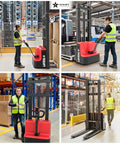 Heavy Duty Electric Pallet Stacker Raising 3300 Lbs To A Cool 98 Inch Lift Height With Adjustable Forks And Narrow Legs for warehouse use.