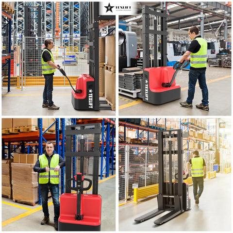 Heavy Duty Electric Pallet Stacker Raising 3300 Lbs To A Cool 98 Inch Lift Height With Adjustable Forks And Narrow Legs for warehouse use.