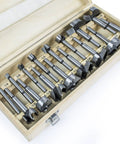 Heavy Duty 16 Piece Forstner Drill Bit Set With Precision Shear Serrated Edges visible in sturdy wooden storage case.