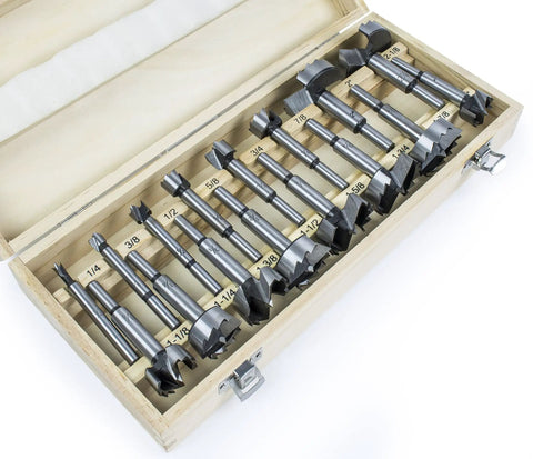 Heavy Duty 16 Piece Forstner Drill Bit Set With Precision Shear Serrated Edges visible in sturdy wooden storage case.