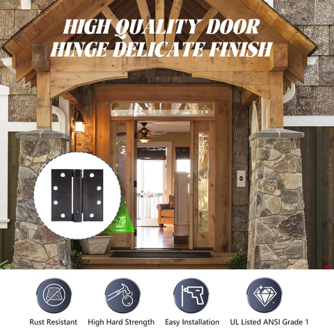Entrance with high quality door hinge displayed alongside features of rust resistance and easy installation.