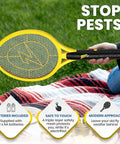 Person using High Voltage Bug Zapper Racket With 3500 Volt Grid Battery Powered Two Pack Includes Two AAs Instant Mosquito And Fly Elimination Portable Indoor Outdoor Bug Catcher Safe Easy Push Button Activation on a picnic.