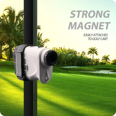 Magnetic Rangefinder Strap With Velcro And Rubber Coated Base Adjustable Golf Rangefinder Holder Band attached to golf cart