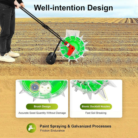 12 Nozzles Hand Push Garden Seeder shown in field with brush and bionic duckbill nozzles for slopes and terraces