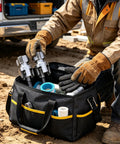 Heavy Duty 4 In 1 Pvc Pipe Threader For 1/2 3/4 And 1 Inch Plastic Tubing, tools in a black bag with blue and white pipe fittings.
