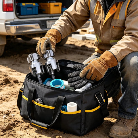 Heavy Duty 4 In 1 Pvc Pipe Threader For 1/2 3/4 And 1 Inch Plastic Tubing, tools in a black bag with blue and white pipe fittings.