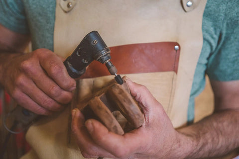 Person carving wood with Extreme Ball Nose Burr For Wood Carving, Very Coarse One Eighth Inch Shaft, Tungsten Carbide, Heavy Duty Ball Nose Bit For Dremel Foredom DeWalt Milwaukee, Quarter Inch Diameter By One Half Inch Length, BNX14EC.
