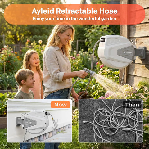 Retractable Garden Hose Reel 100 Foot Half Inch With Wall Mount Easy Pull Auto Rewind Slow Return in use by woman watering garden