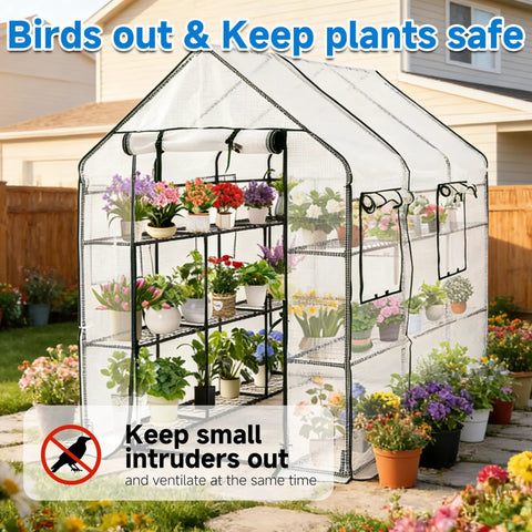 Walk In Outdoor Greenhouse With 56 By 85 Inch Footprint And 77 Inch Height, Portable Garden House With Three Tiers And Twenty Shelves For Plants, Veggies, Flowers, Patio Or Backyard Use White Finish