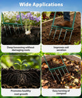 Collage showing Beast Mode 5 Tine Broad Fork Garden Tool for cultivating, aerating, and digging in various soil types