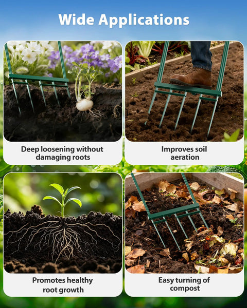 Collage showing Beast Mode 5 Tine Broad Fork Garden Tool for cultivating, aerating, and digging in various soil types