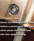 Pack Of 100 M4 X 12mm Stainless Steel Hex Drive Flat Head Machine Screws showing flush install in metal surface.