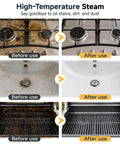 Before and after images showing the cleaning results on a stove, sink, and grill with the Ultra Powerful 2500W Handheld Steam Cleaner For Home.