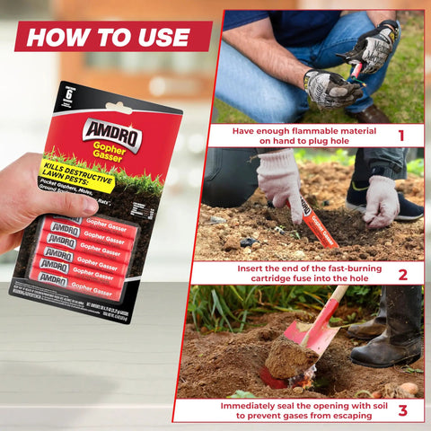 Instructions for using Gopher Gasser Kit With Six Gas Pellets For Gophers Moles And Ground Squirrels Outdoor Burrowing Rodent Pest Control