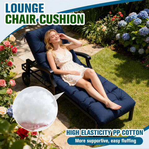 Waterproof Outdoor Chaise Lounge Chair Cushion With Non Slip Ties For Patio Furniture Comfy Thick Long Navy Blue Replacement Pad For Lawn Pool Wicker Couch Loveseat UV Resistant And Durable, shown with a person lying on it in a garden setting.