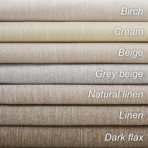 Stack of linen fabric samples in neutral colors labeled Birch, Cream, Beige, Grey Beige, Natural Linen, Linen, Dark Flax