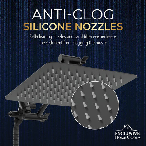 All Metal 8 Inch Dual Square Shower Head With Handheld Wand And 71 Inch Hose Set Powerful High Pressure Rain Shower Head Combo featuring anti-clog silicone nozzles.