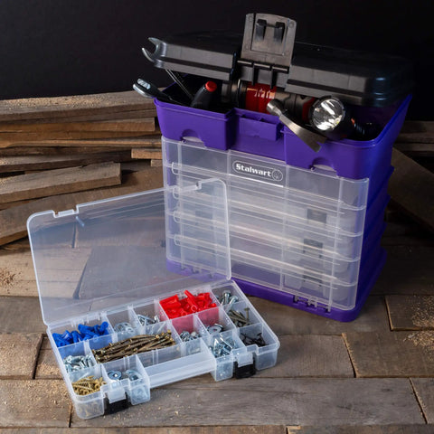 Durable 4 Drawer Tool Box With 19 Compartment Organizer for hardware shown in purple with transparent drawers on workshop floor.