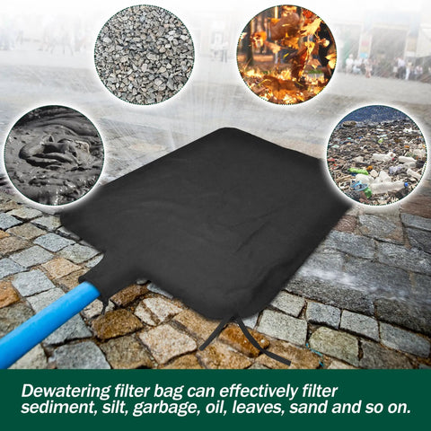 3x4ft extra large dewatering bag with drawstring, shown on a construction site filtering silt and sludge, for water filtration.