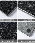 Details of Natural Black Marble Cutting Board 12 By 8 Inch Real Stone Slab with rounded corners, neat edge, unique texture, and non-slip sticker.
