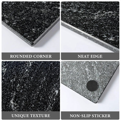 Details of Natural Black Marble Cutting Board 12 By 8 Inch Real Stone Slab with rounded corners, neat edge, unique texture, and non-slip sticker.