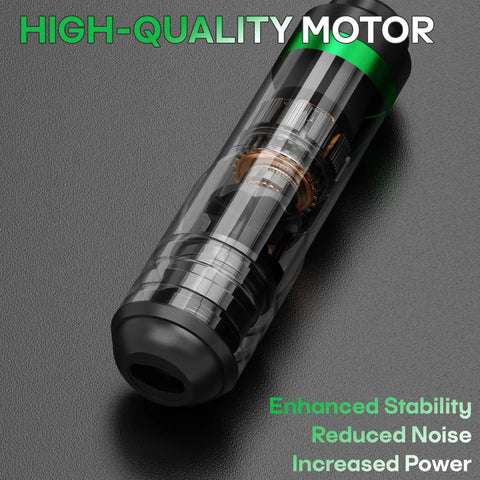 Transparent view of motor in All-In-One Tattoo Pen Kit For Beginners With 2 Batteries, 20 Cartridge Needles, Practice Skins, 40 Ink Cups