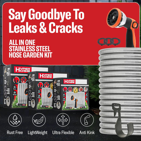 100 Ft Metal Garden Hose Set With No Kink Design, 316 Stainless Steel Hose, beefy tough build, zinc nozzle, rust-proof fittings