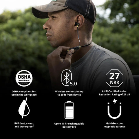 Man wearing Xtra Two Point Zero Bluetooth Earplug Earbuds With 27 Decibels NRR Noise Isolation OSHA Compliant Hearing Protection outdoors