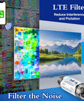LTE Filter for TV Antenna Blocks 4G 5G Signals with image of filter eliminating pixelation for clear digital TV reception.