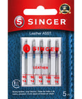 Leather Sewing Machine Needles Set of 5 Pack for Thick Leather and Heavy Fabrics 3 x 90/14 and 2 x 100/16 with Wedge Shape Point Penetrates Leather Suede Vinyl Without Tearing, Singer package