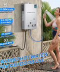 Ultra Lightweight Killer 8 Liter Portable Propane Water Heater With 2.11 GPM Tankless Flow And Crisp Digital Display in outdoor shower setting.