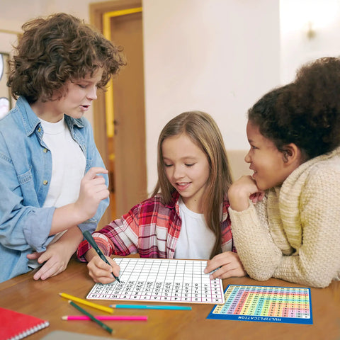 Children using 11 By 14 Dry Erase Multiplication Chart Whiteboard, Double Sided Multiplication Table for Homeschool and Classroom Math Practice