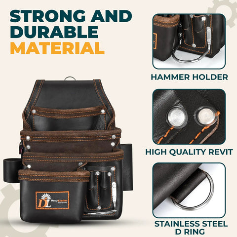 Premium Leather Tool Bag Pro 505 with oil tanned grain leather, 13 pockets, showing hammer holder, rivet, and steel D ring details.