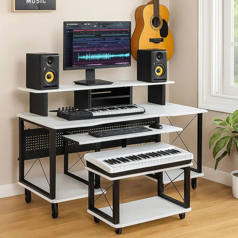 72 Inch Music Desk Workstation With Crossed Metal Panels Keyboard Tray White Finish Wide Monitor Surface Central Shelf Earphone Hook And Cable Cutouts For Mess-Free Home Recording Studio setup in a room.