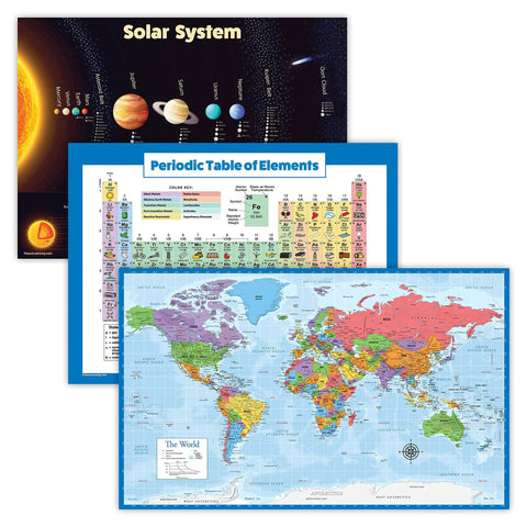 Triple Poster Learning Pack For Kids Featuring Solar System Poster, Periodic Table Of Elements, And World Map Chart, Laminated