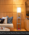 Cozy Rustic Wood Shelf Floor Lamp With Shade And Built-In 9W LED Bulb in modern living room with corner display shelves
