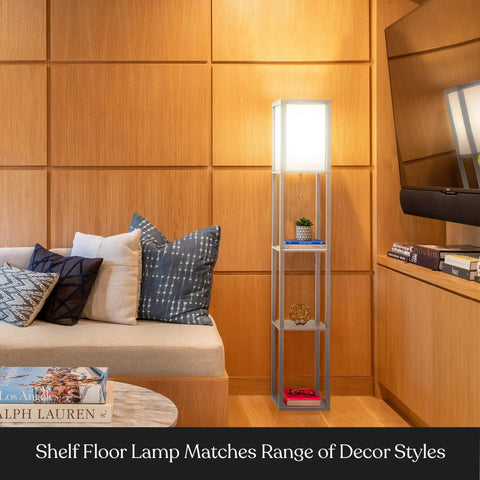 Cozy Rustic Wood Shelf Floor Lamp With Shade And Built-In 9W LED Bulb in modern living room with corner display shelves