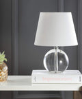 14 Inch Modern Glam Crystal Table Lamp With Clear Crystal Accents, round on a desk, white fabric shade, modern decor
