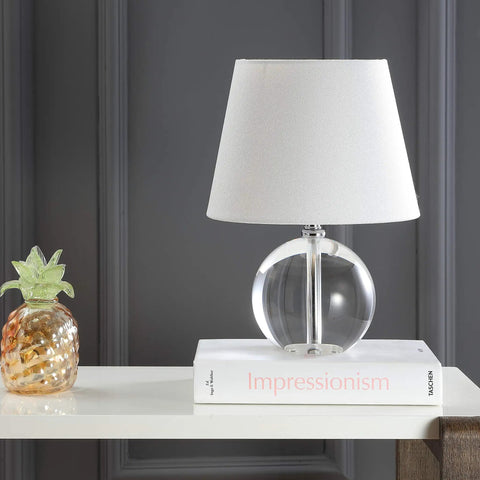 14 Inch Modern Glam Crystal Table Lamp With Clear Crystal Accents, round on a desk, white fabric shade, modern decor