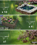Garden Edging Kit With Rustic Picket Panels For Flower Beds And Landscape Borders Charred Wood Construction For Moisture And Rot Resistance 5.9 Inch High By 47 Inch Long 1 Pack shown installed around pond, garden bed, and sapling.