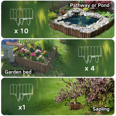 Garden Edging Kit With Rustic Picket Panels For Flower Beds And Landscape Borders Charred Wood Construction For Moisture And Rot Resistance 5.9 Inch High By 47 Inch Long 1 Pack shown installed around pond, garden bed, and sapling.