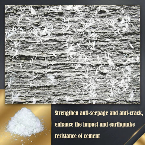 Close-up of ten pound fiberglass reinforcement for concrete and mortar mix, white fibers for seepage and crack resistance.