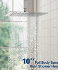 Ceiling Shower System With 10 Inch Rain Shower Head And Handheld Spray, cascading water in brushed nickel finish in bathroom