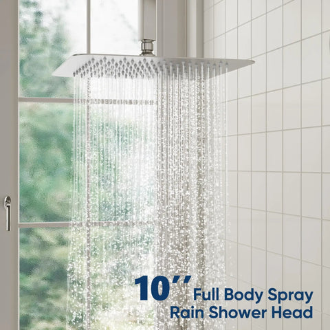 Ceiling Shower System With 10 Inch Rain Shower Head And Handheld Spray, cascading water in brushed nickel finish in bathroom