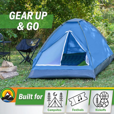 Two Person Camping Tent With Rain Fly And Carry Bag Ultralight Pop Up Shelter For Camping Essentials Music Festivals Beach Trips Backpacking And Hiking setup on grass with trees in background.
