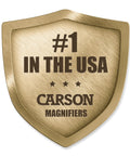 Gold shield with text '#1 in the USA' for Carson Magnifiers, related to Multi Power LED Lighted Pocket Magnifier With 2.5X Main Lens.