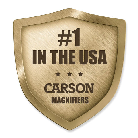 Gold shield with text '#1 in the USA' for Carson Magnifiers, related to Multi Power LED Lighted Pocket Magnifier With 2.5X Main Lens.