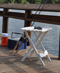 Quik-Fold Plastic Side Tables 2 Pack White, Lightweight Patio Tables With Foldable Design, UV Protected Resin by a lakeside dock